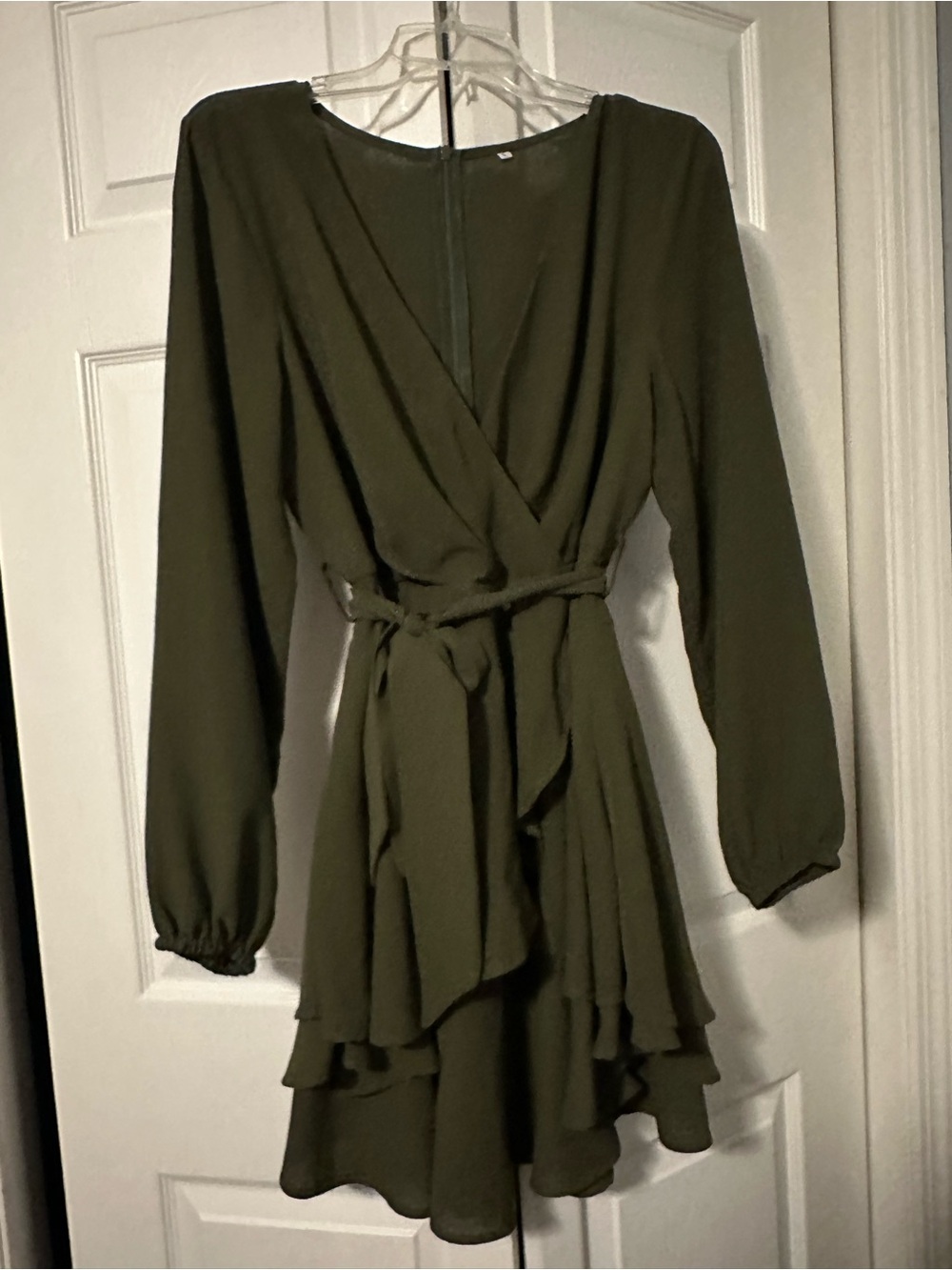 Olive Green Long-Sleeve Wrap Ruffle Dress
